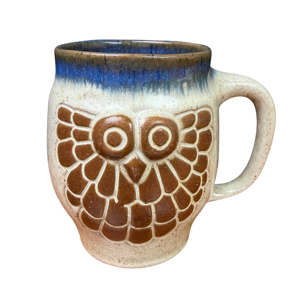 1970s Stoneware Owl Coffee Mug Blue Drip Glaze Retro Pottery Boho Forest Owl